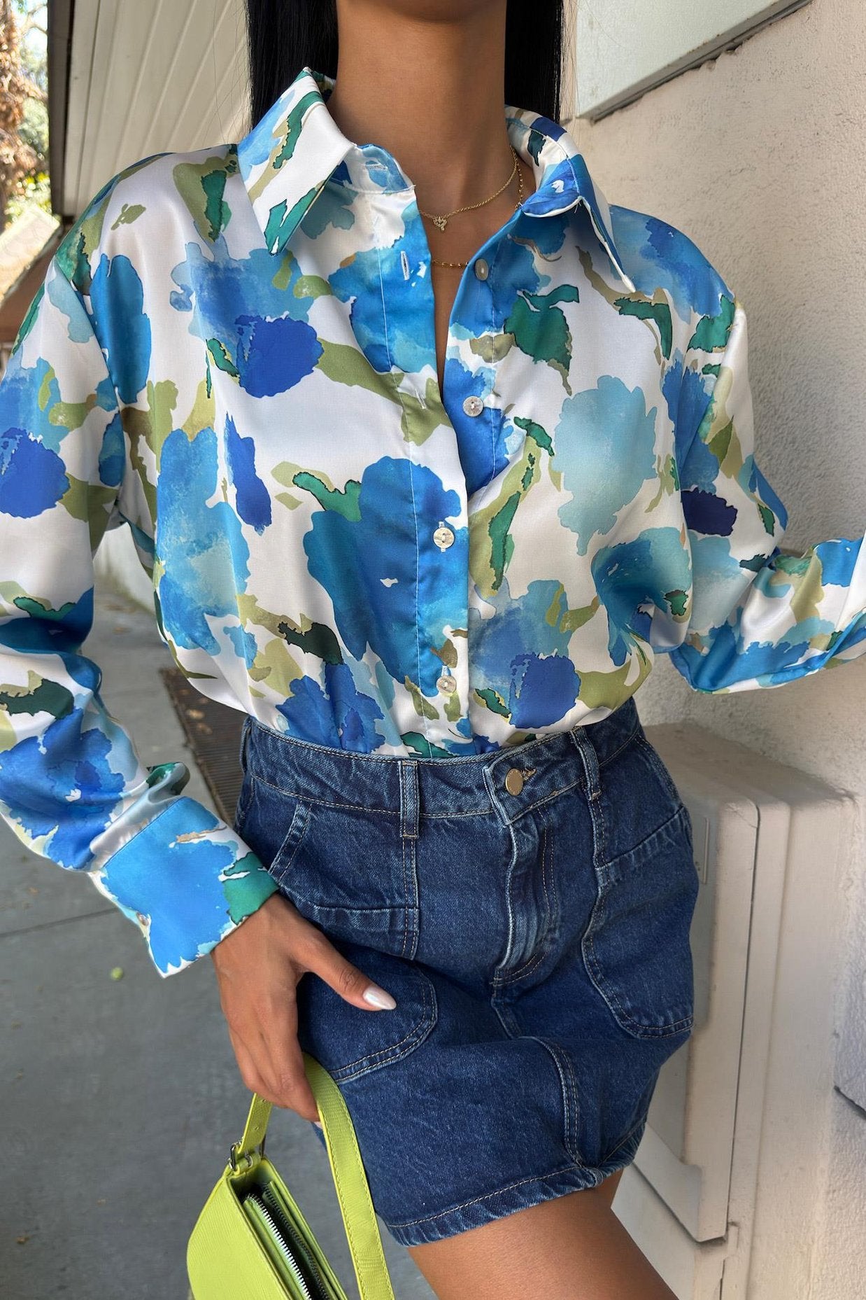 Blue Floral Satin Shirt