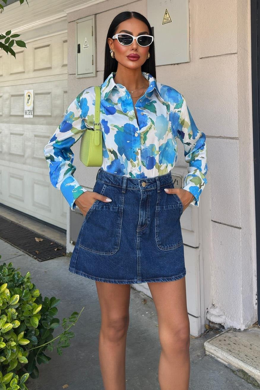Blue Floral Satin Shirt