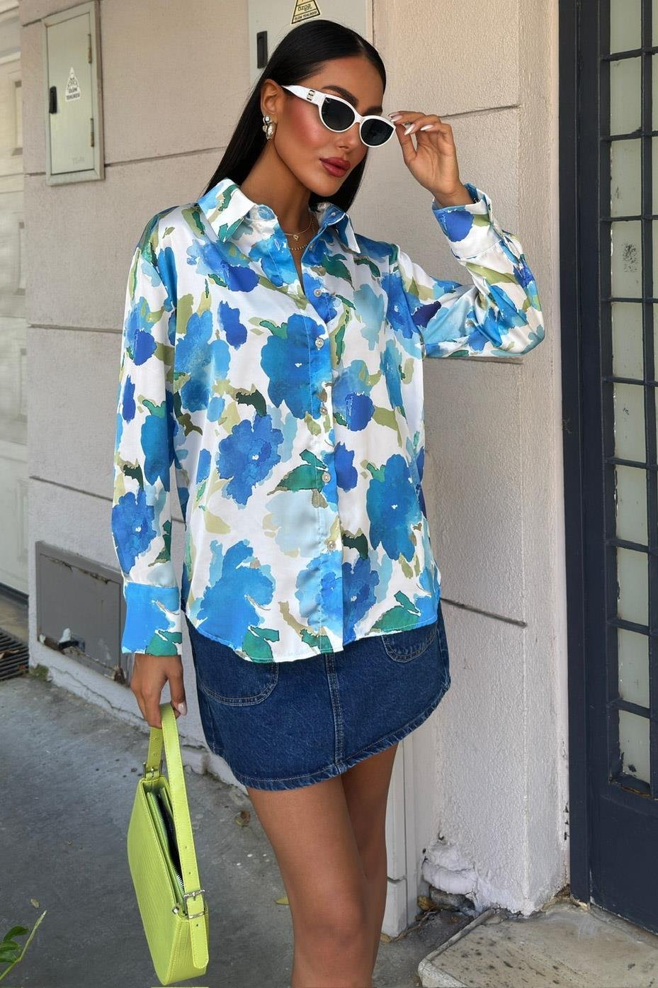 Blue Floral Satin Shirt