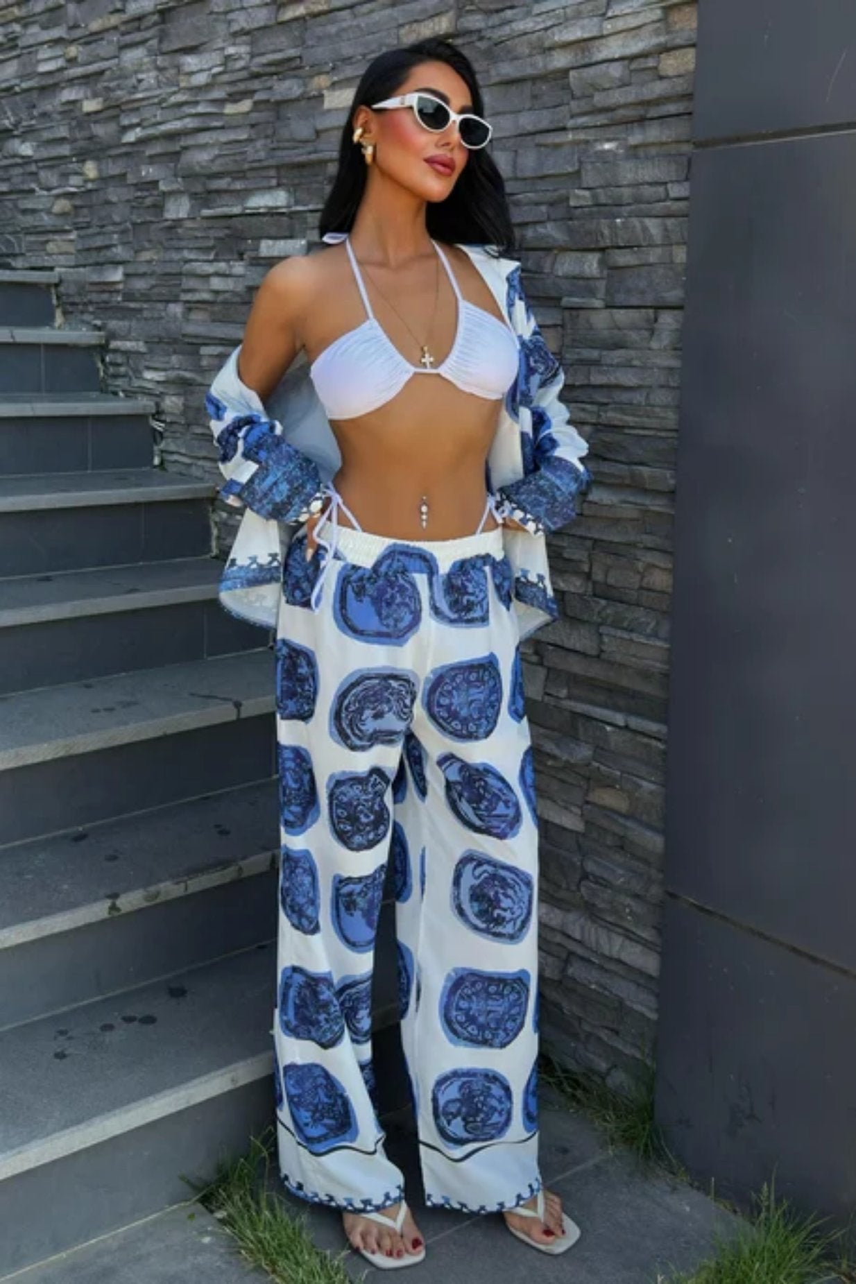 Blue Patterned Casual Satin Suit
