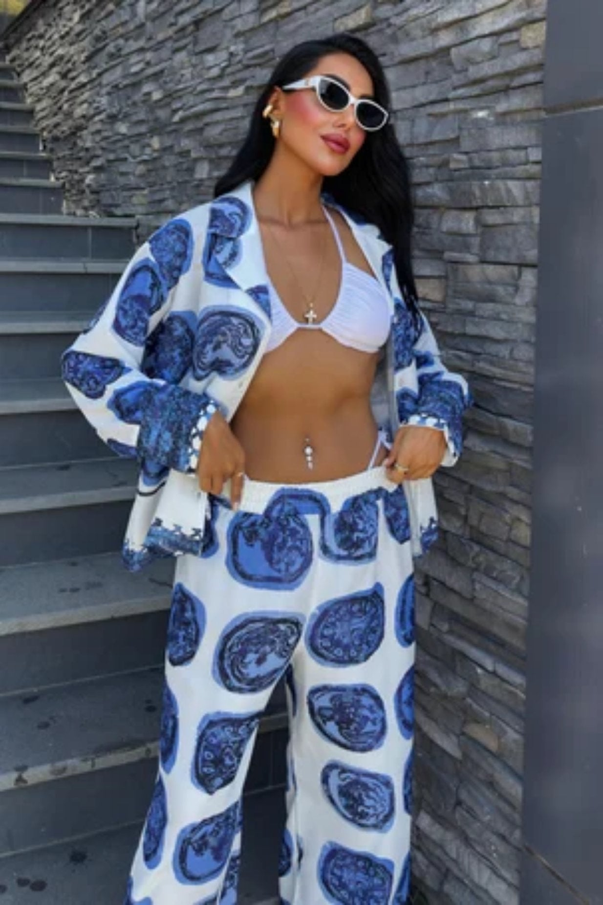 Blue Patterned Casual Satin Suit