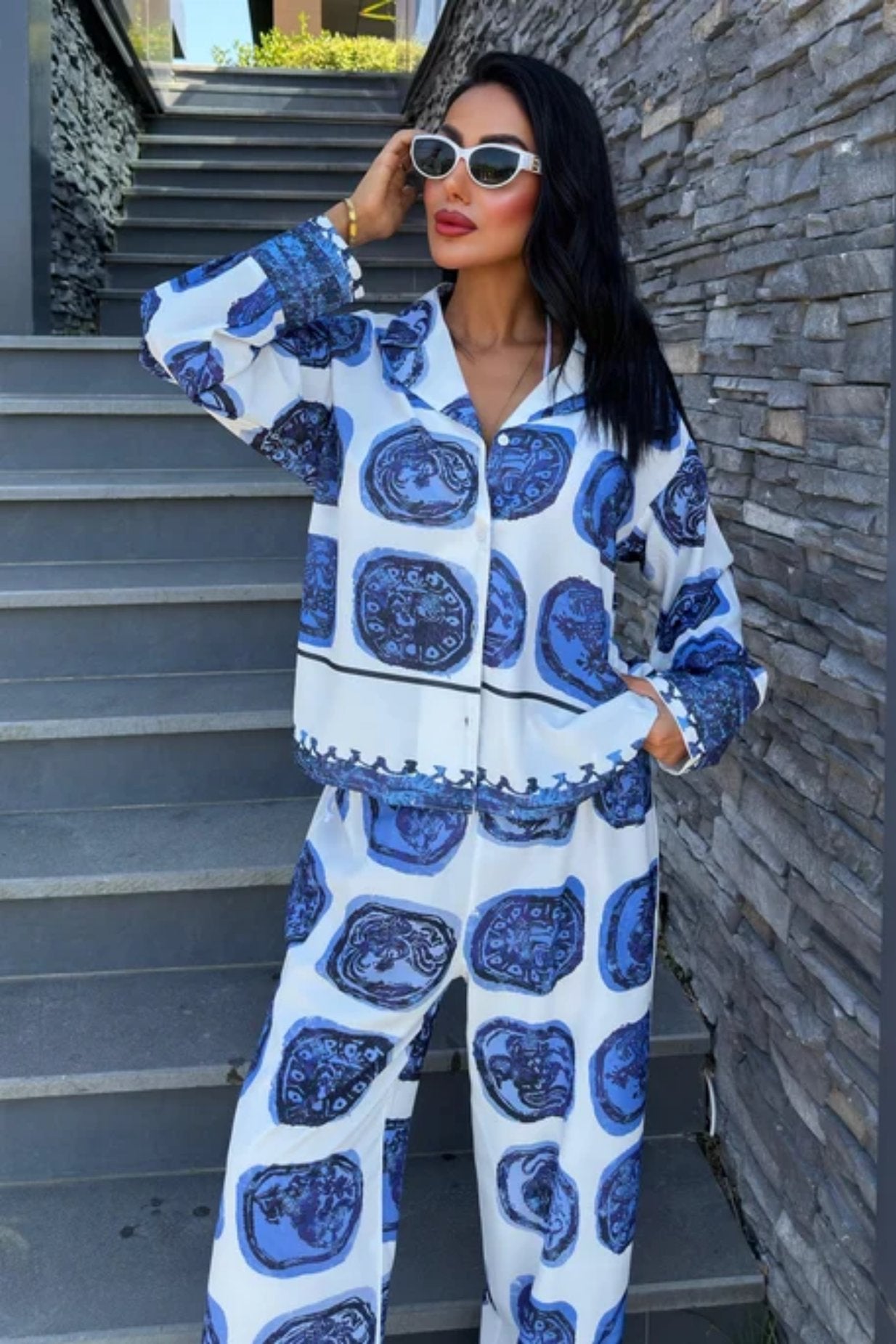 Blue Patterned Casual Satin Suit