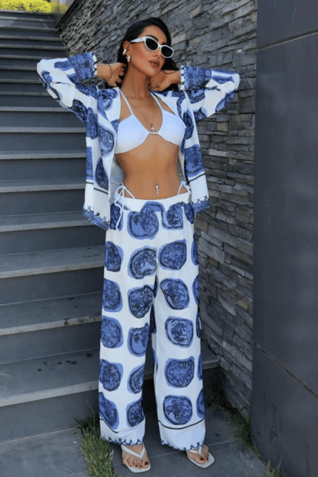 Blue Patterned Casual Satin Suit