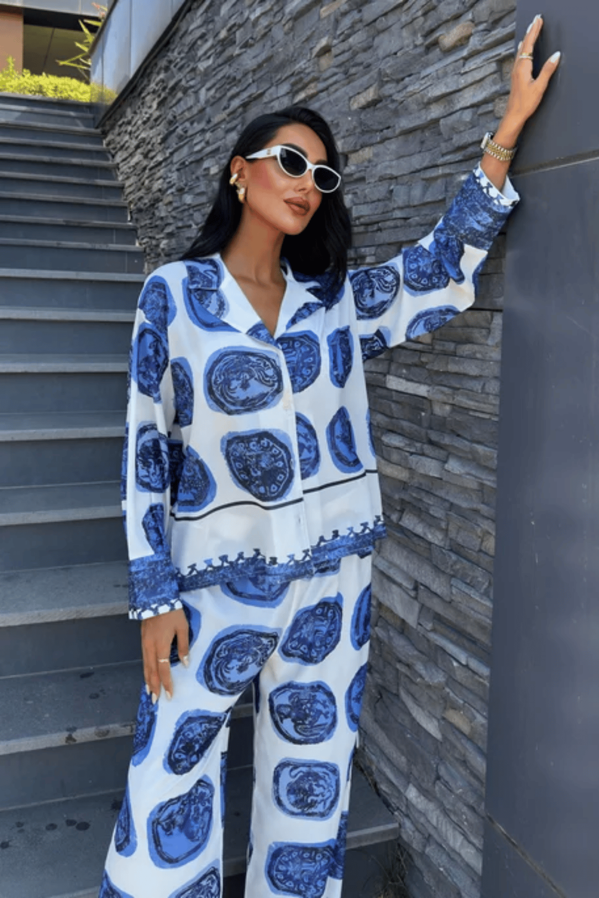Blue Patterned Casual Satin Suit