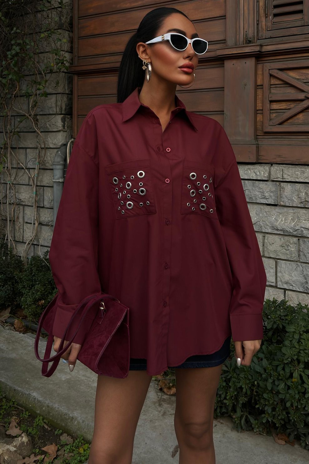 Metal Eyelet Detail Poplin Burgundy Shirt