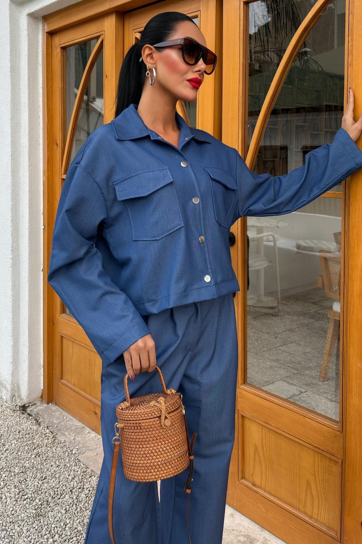 Tencel Suit with Midi Jacket and Palazzo Trousers