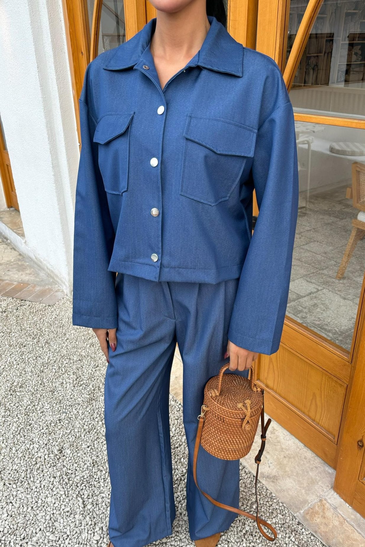 Tencel Suit with Midi Jacket and Palazzo Trousers