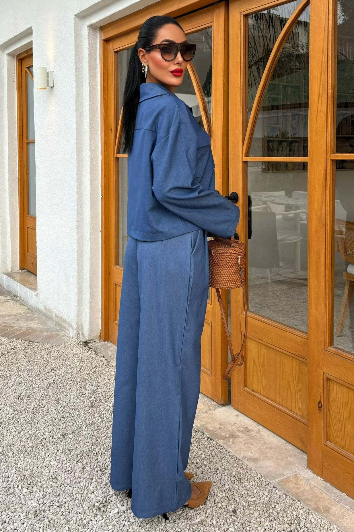 Tencel Suit with Midi Jacket and Palazzo Trousers