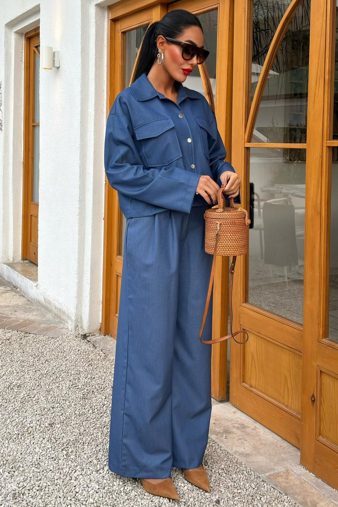 Tencel Suit with Midi Jacket and Palazzo Trousers