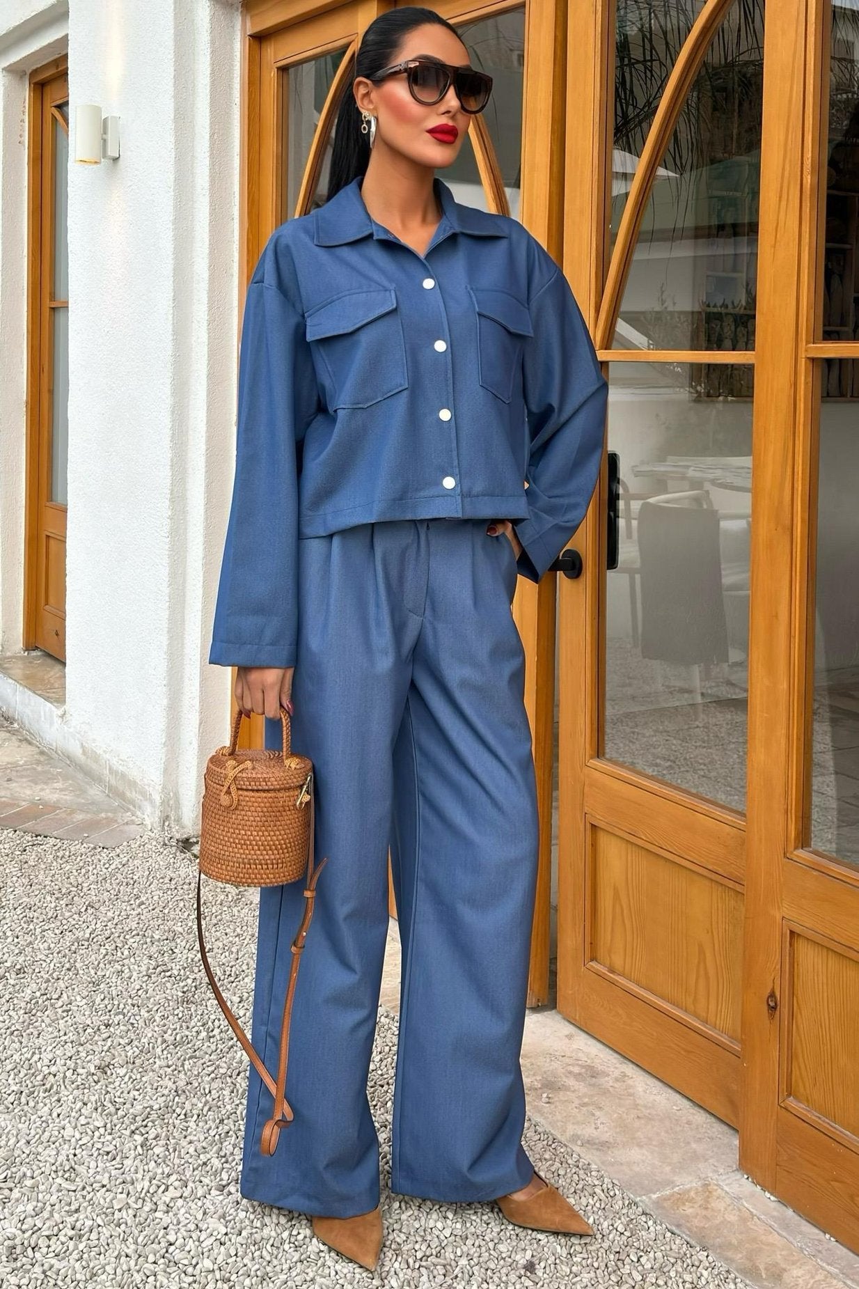 Tencel Suit with Midi Jacket and Palazzo Trousers