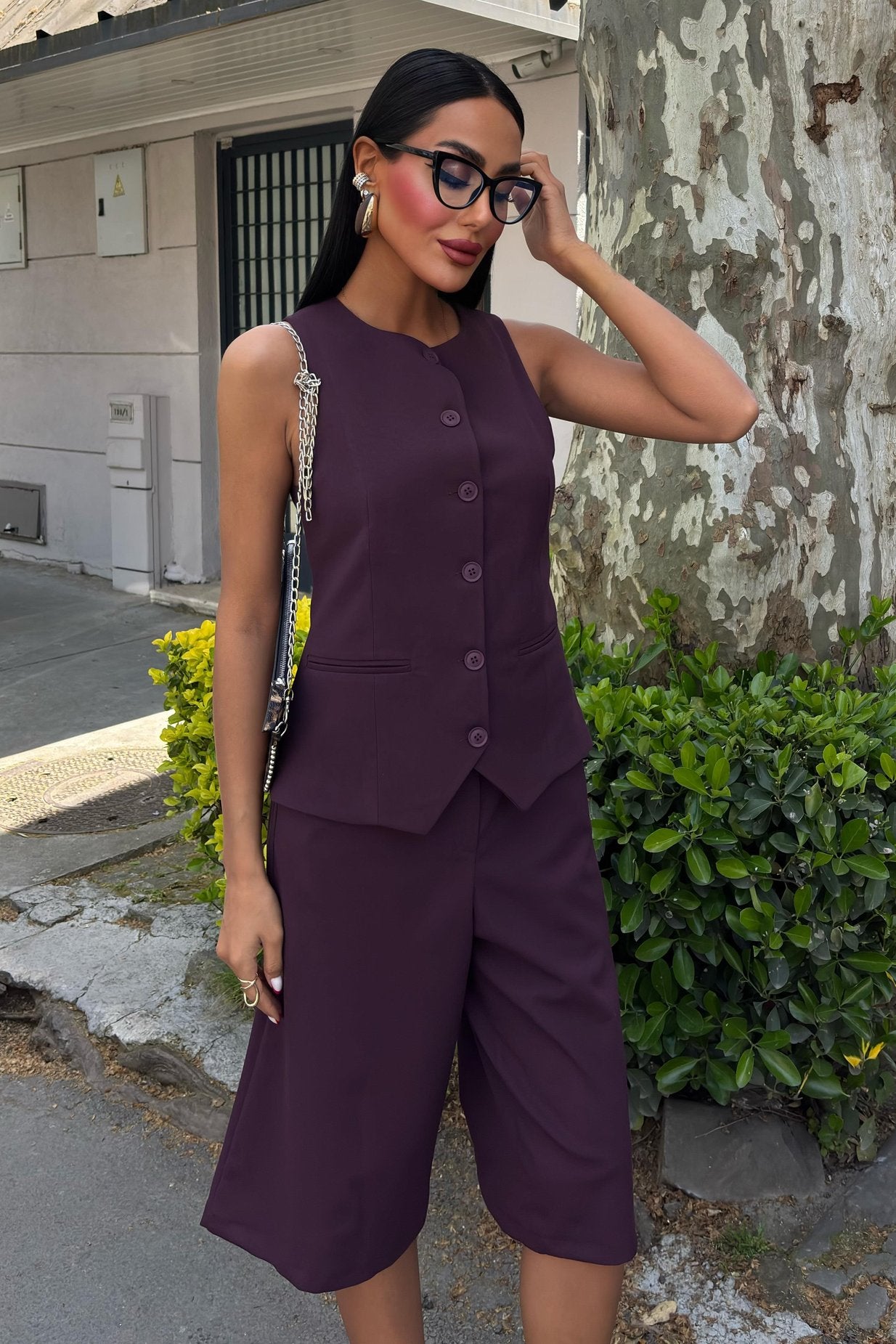 Midi Shorts and Vest Viscose Suit purple