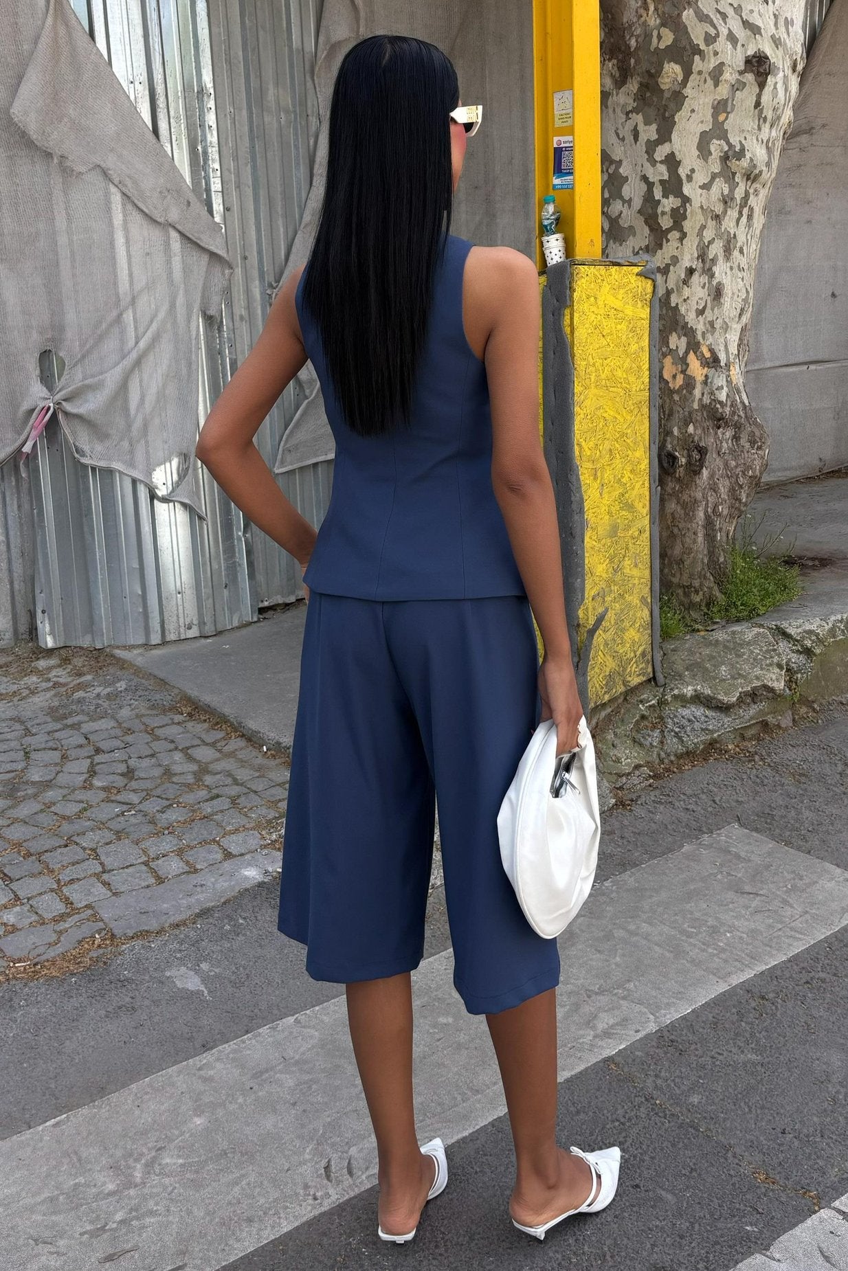 Midi Shorts and Vest Viscose Suit Blue