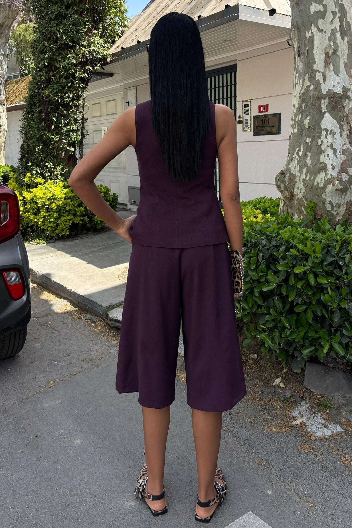 Midi Shorts and Vest Viscose Suit purple