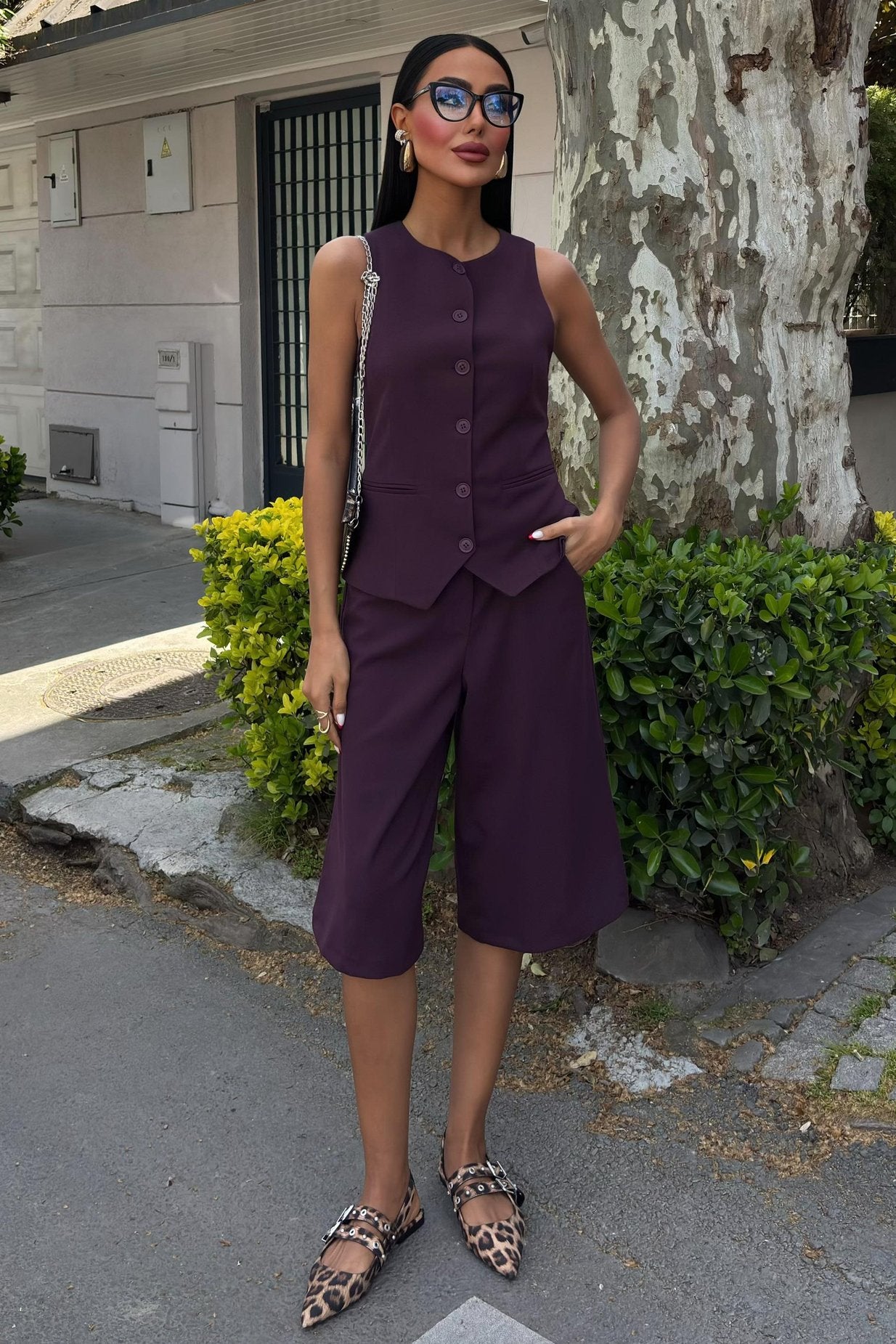 Midi Shorts and Vest Viscose Suit purple