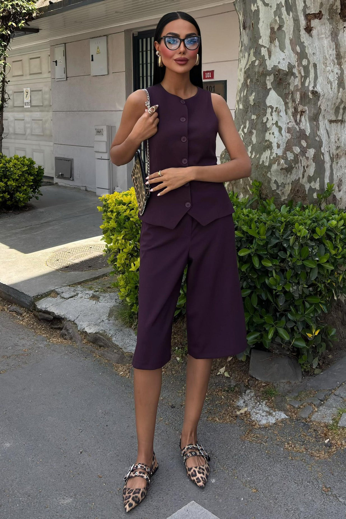 Midi Shorts and Vest Viscose Suit purple