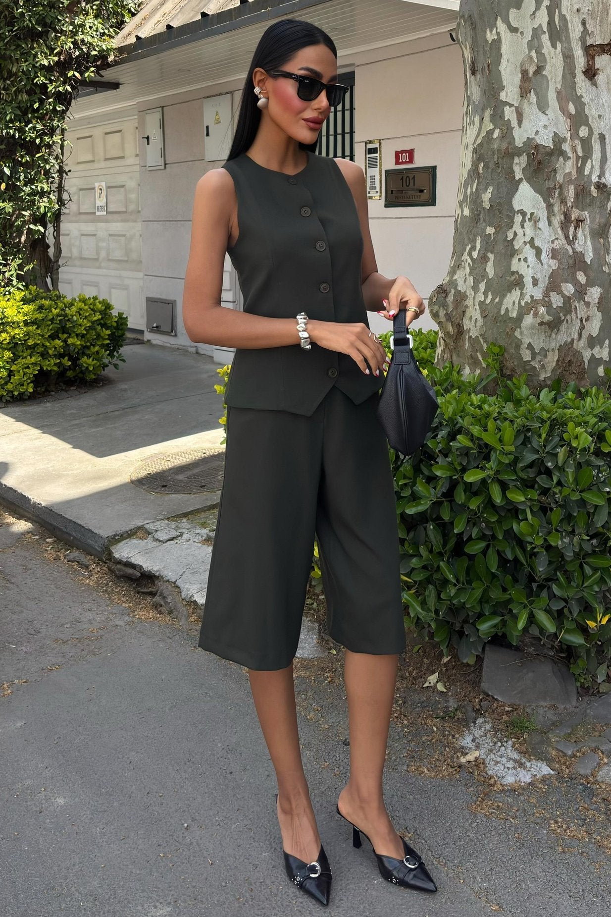 Midi Shorts and Vest Viscose Suit Grey