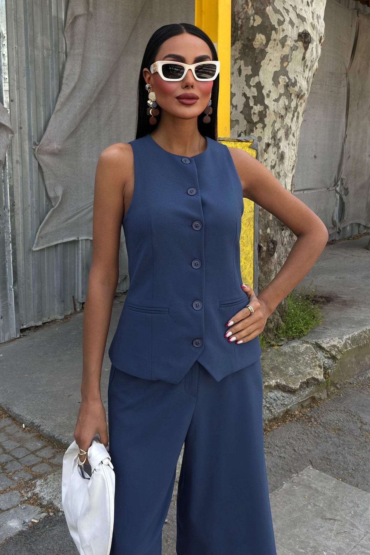 Midi Shorts and Vest Viscose Suit Blue