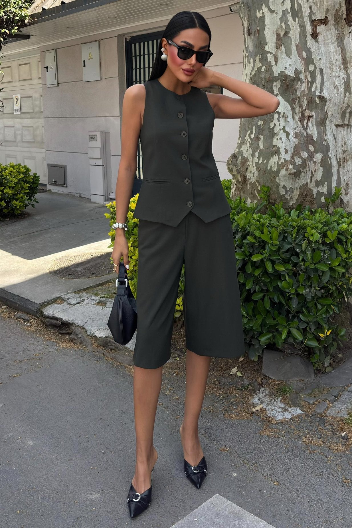 Midi Shorts and Vest Viscose Suit Grey