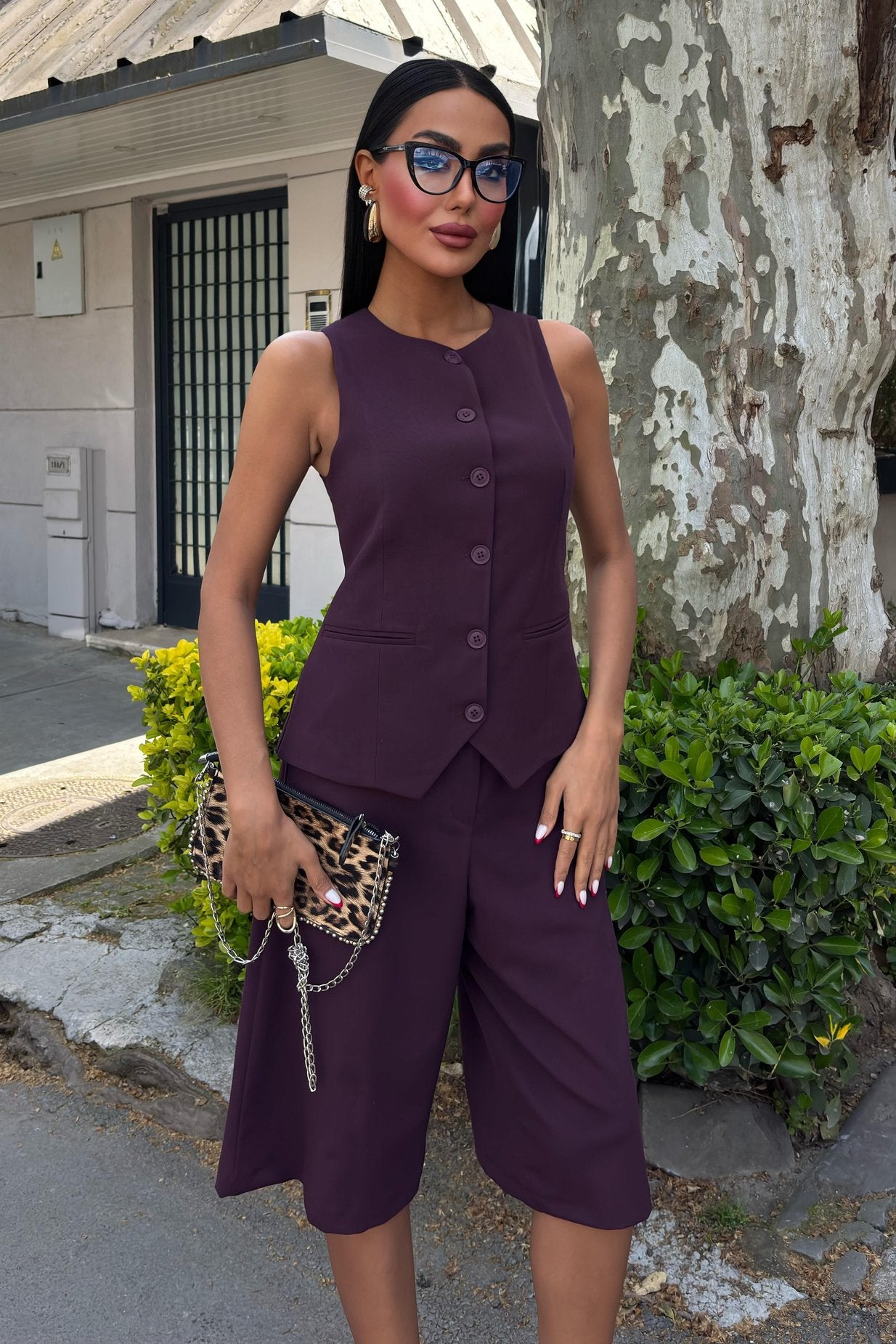 Midi Shorts and Vest Viscose Suit purple