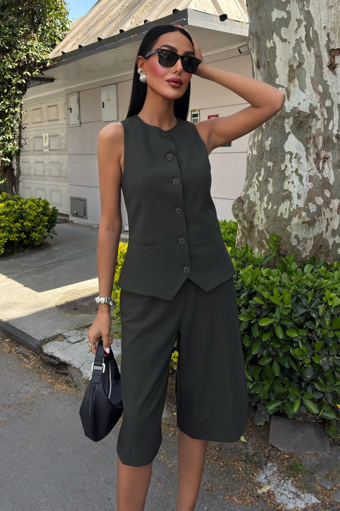 Midi Shorts and Vest Viscose Suit Grey