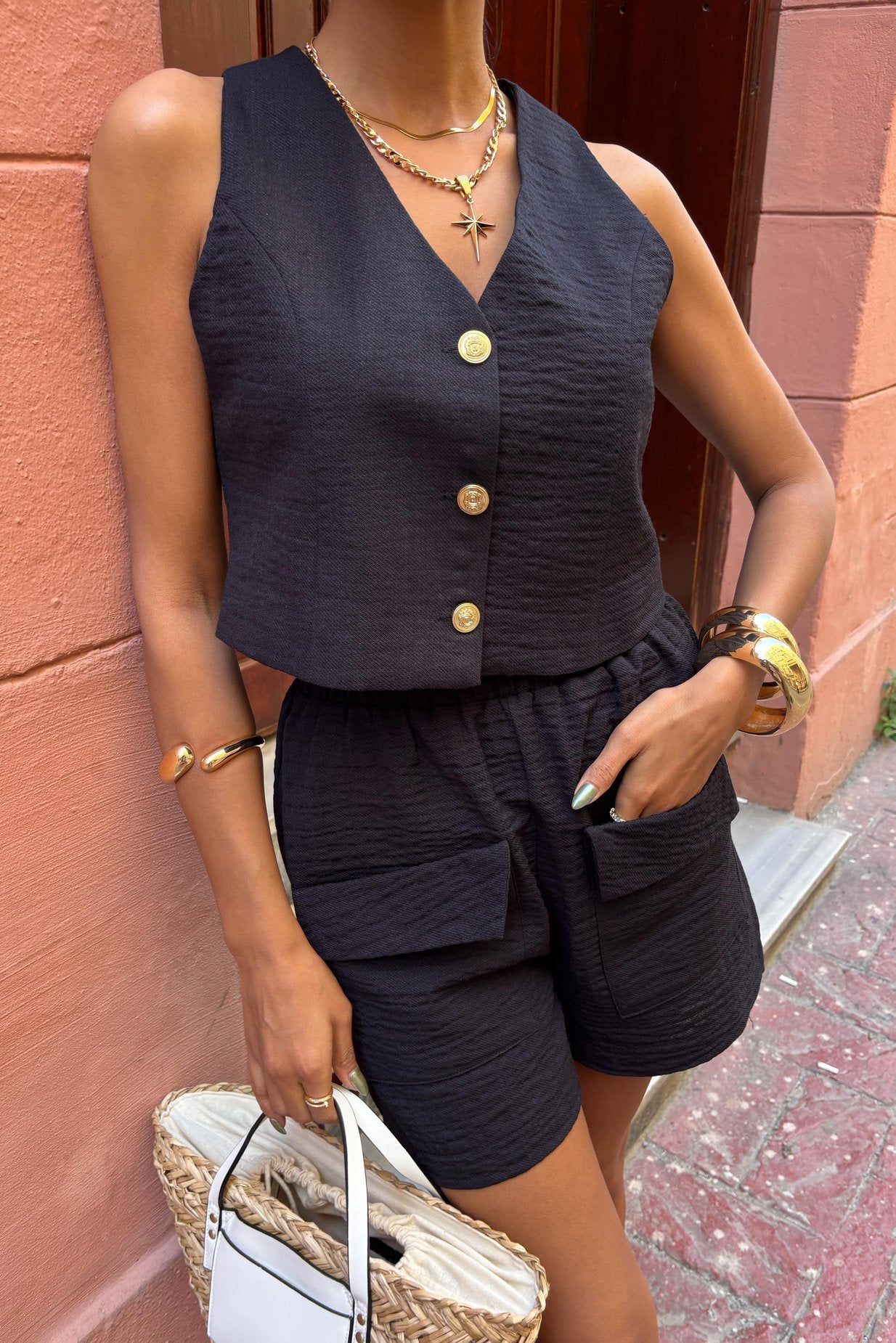Mini Vest and Shorts Linen Suit Black