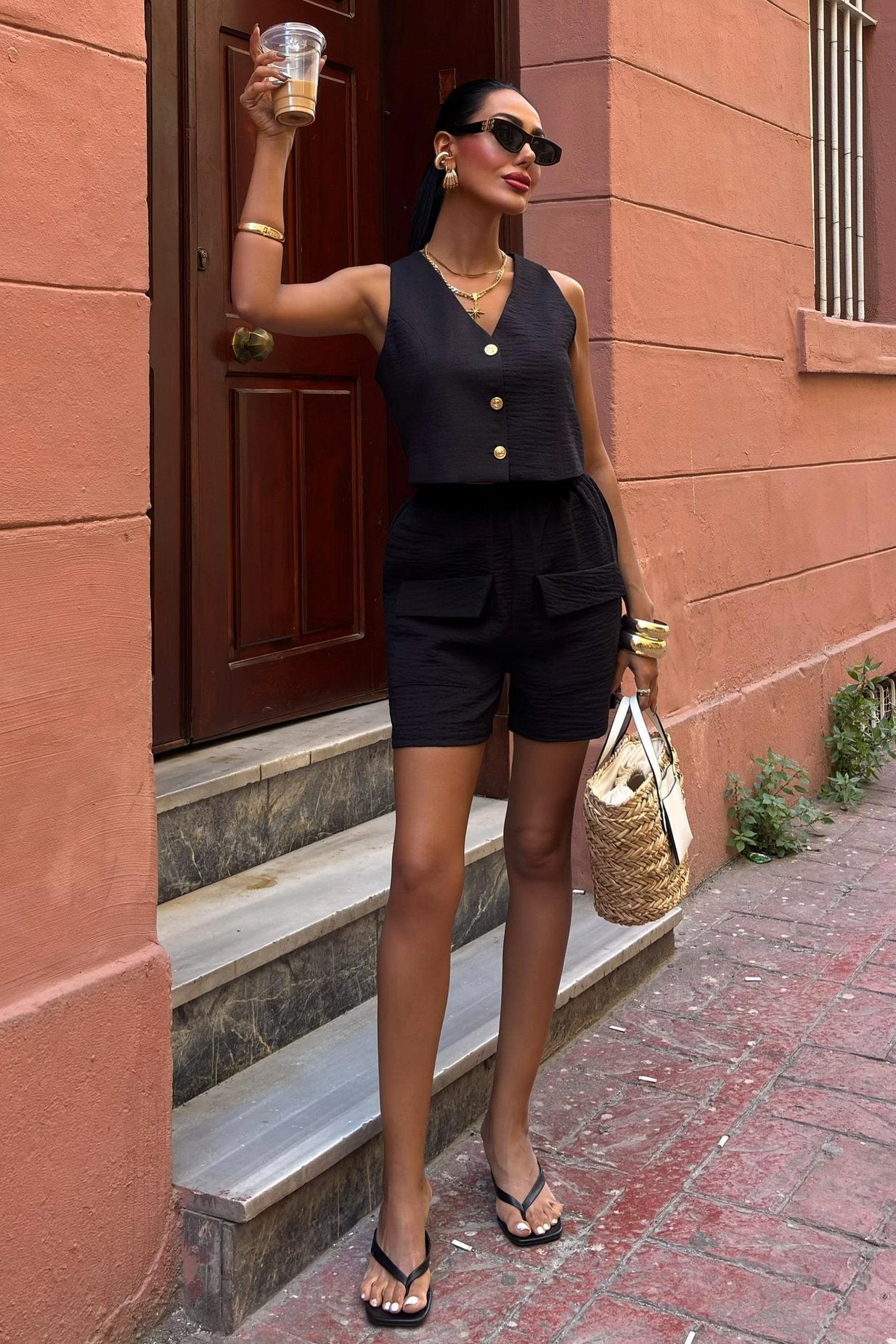 Mini Vest and Shorts Linen Suit Black
