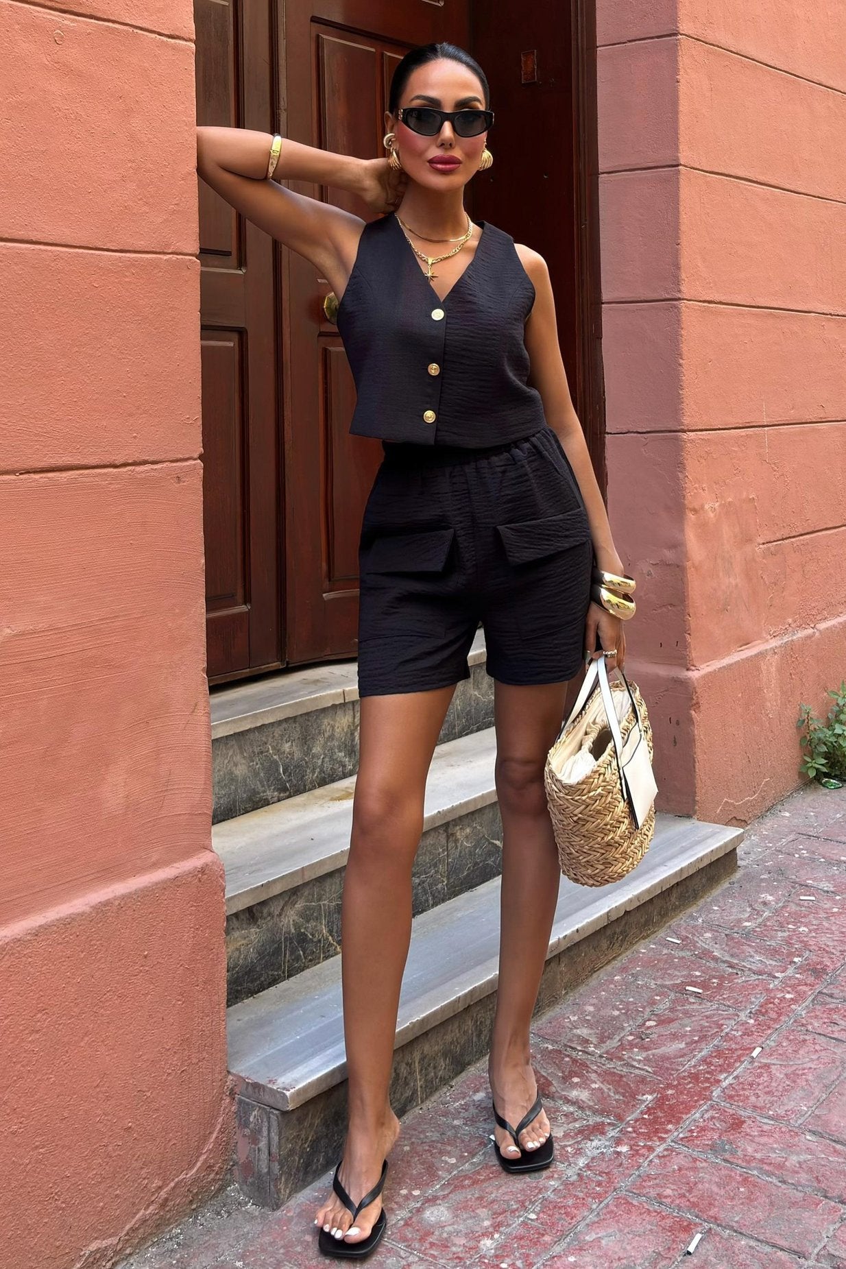 Mini Vest and Shorts Linen Suit Black