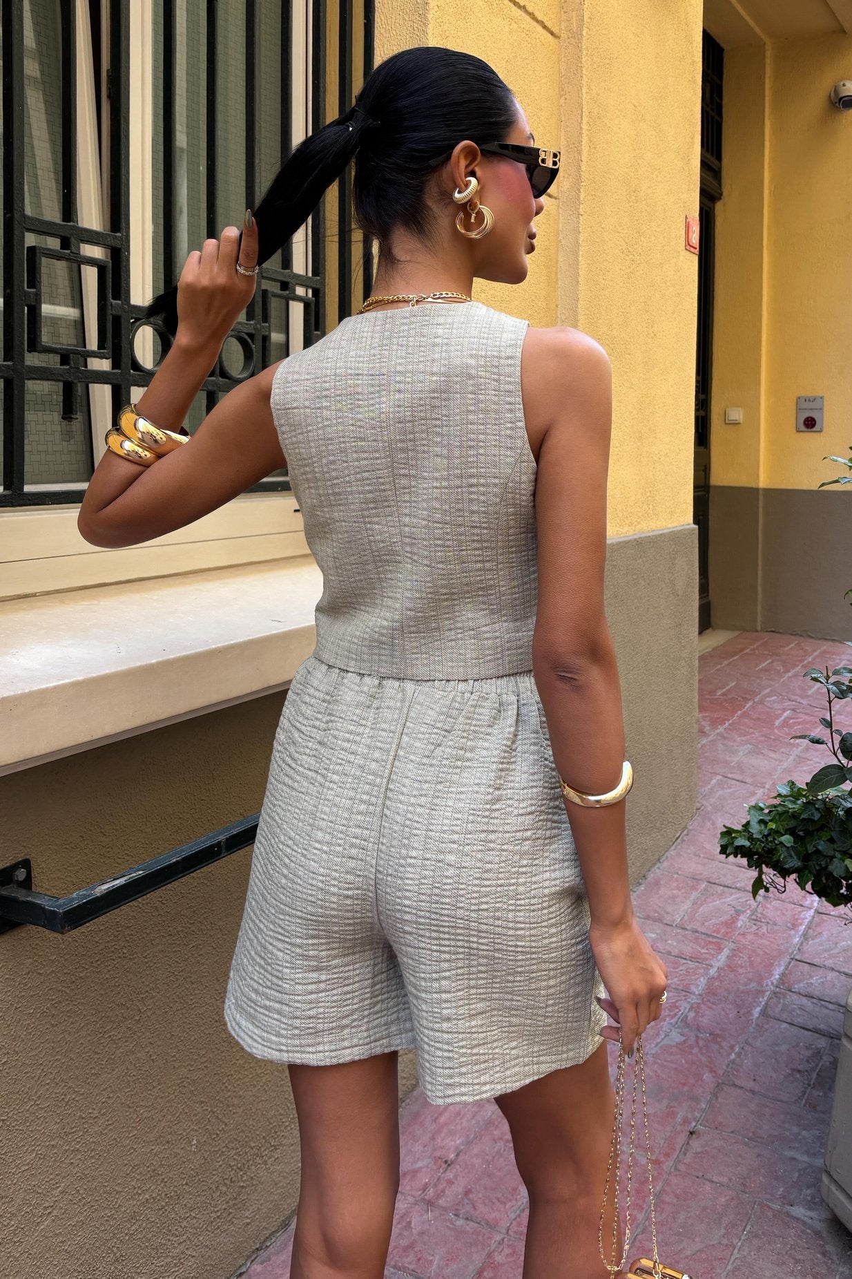 Mini Vest and Shorts Linen Suit silver