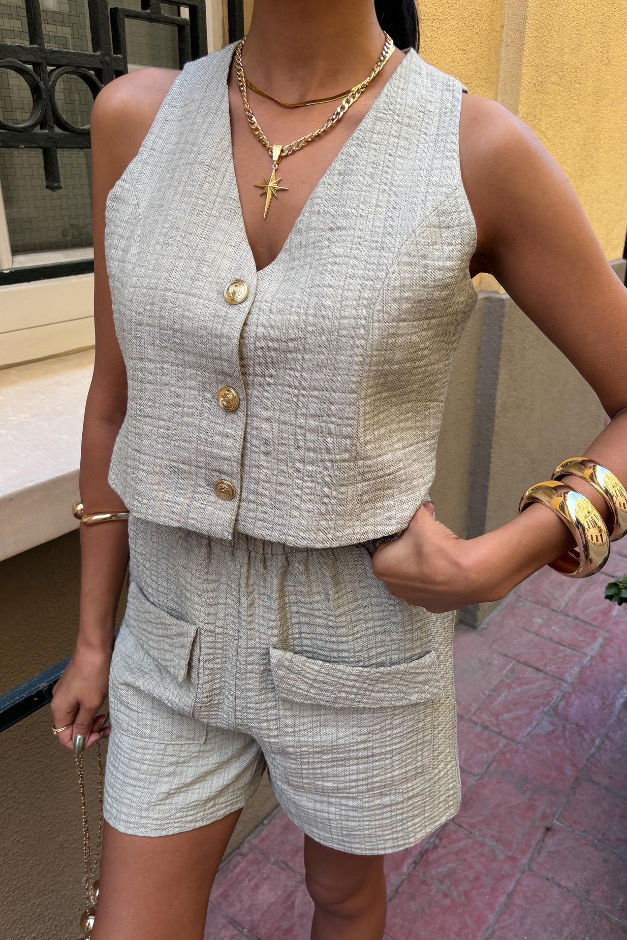 Mini Vest and Shorts Linen Suit silver
