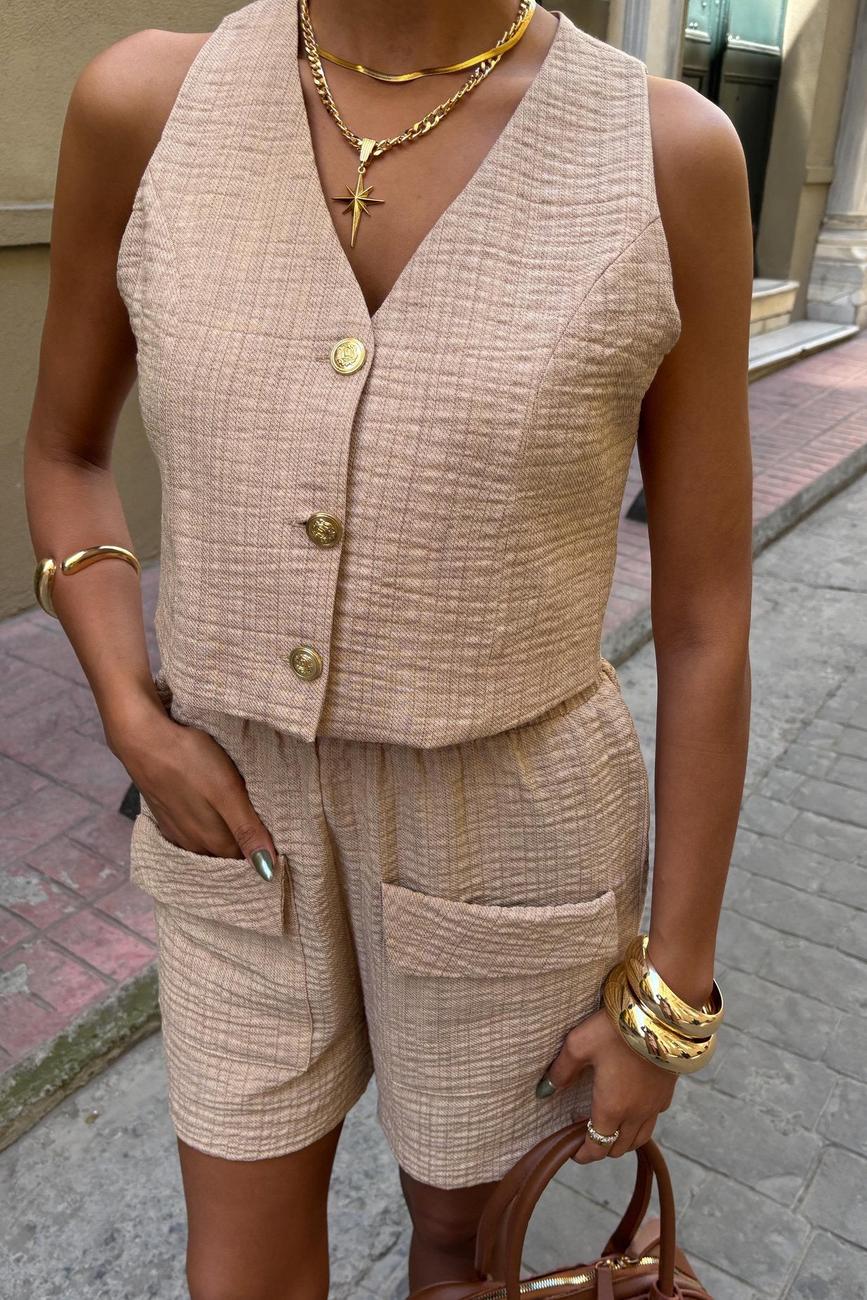 Mini Vest and Shorts Linen Suit Beige
