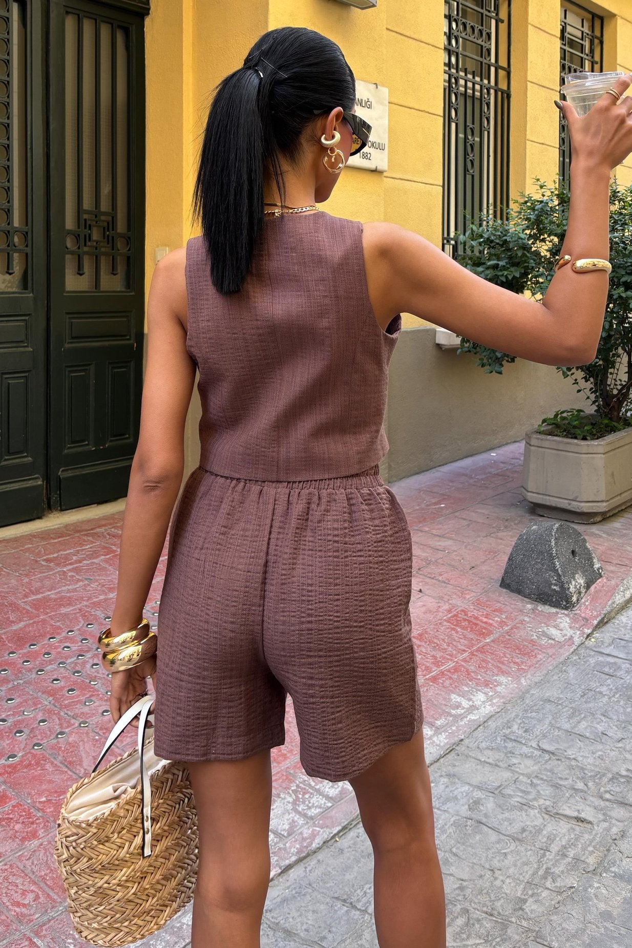 Mini Vest and Shorts Linen Suit purple