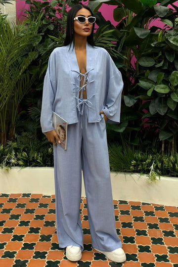 Tied Front Flax Linen Casual Suit Blue