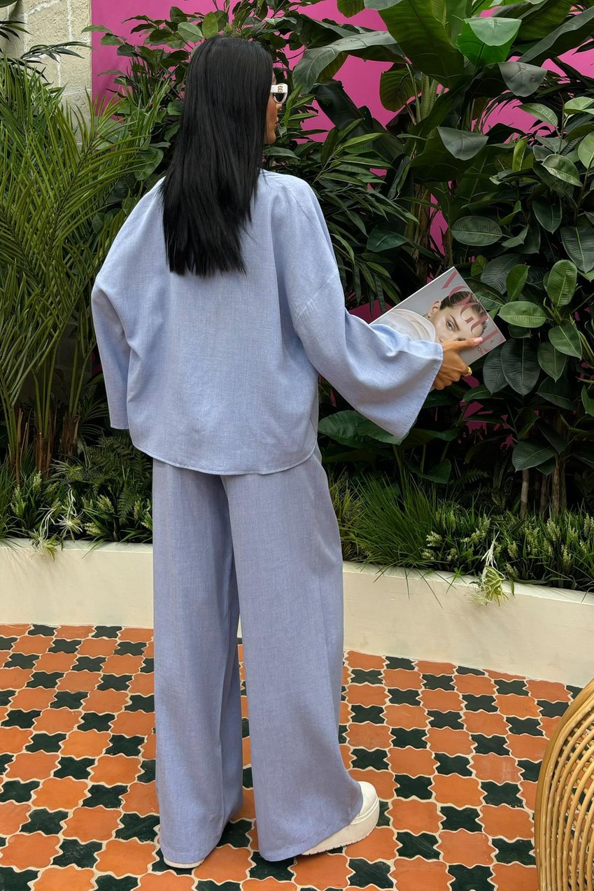Tied Front Flax Linen Casual Suit Blue