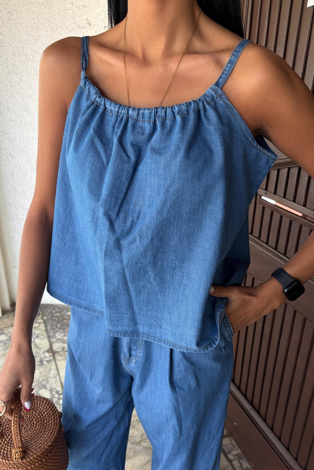 Pleated Front Suspender Tencel Suit Light Blue