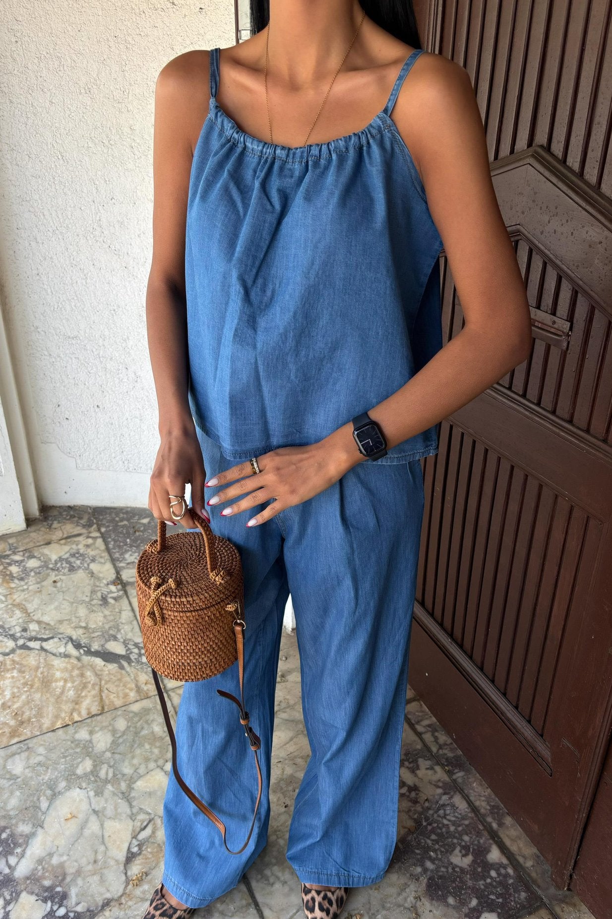 Pleated Front Suspender Tencel Suit Light Blue