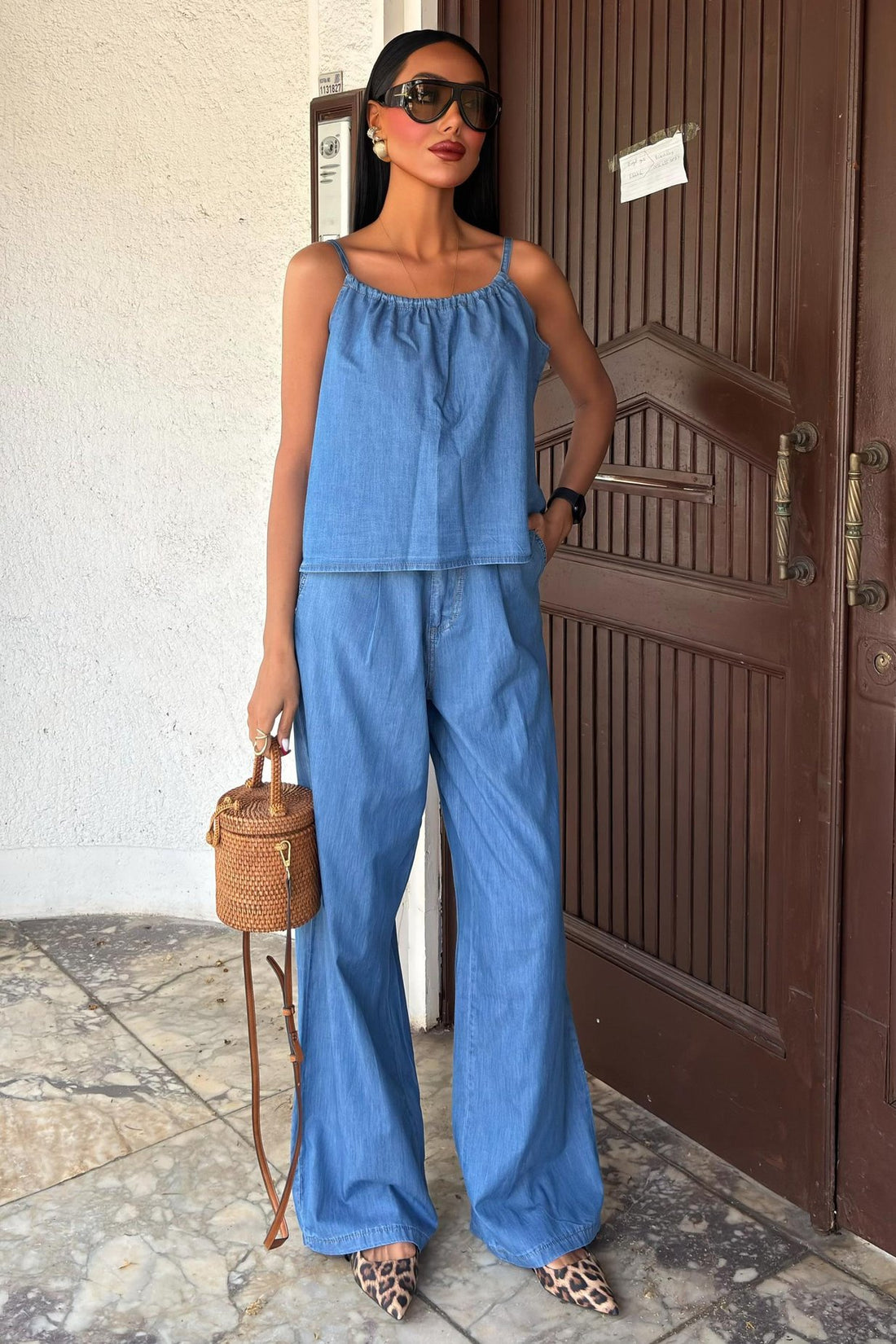 Pleated Front Suspender Tencel Suit Light Blue