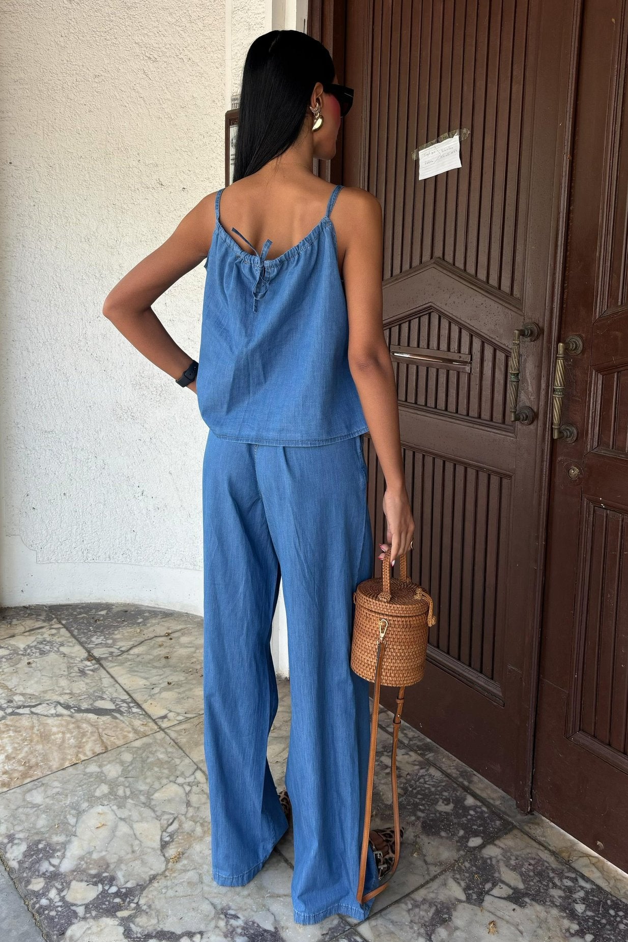 Pleated Front Suspender Tencel Suit Light Blue