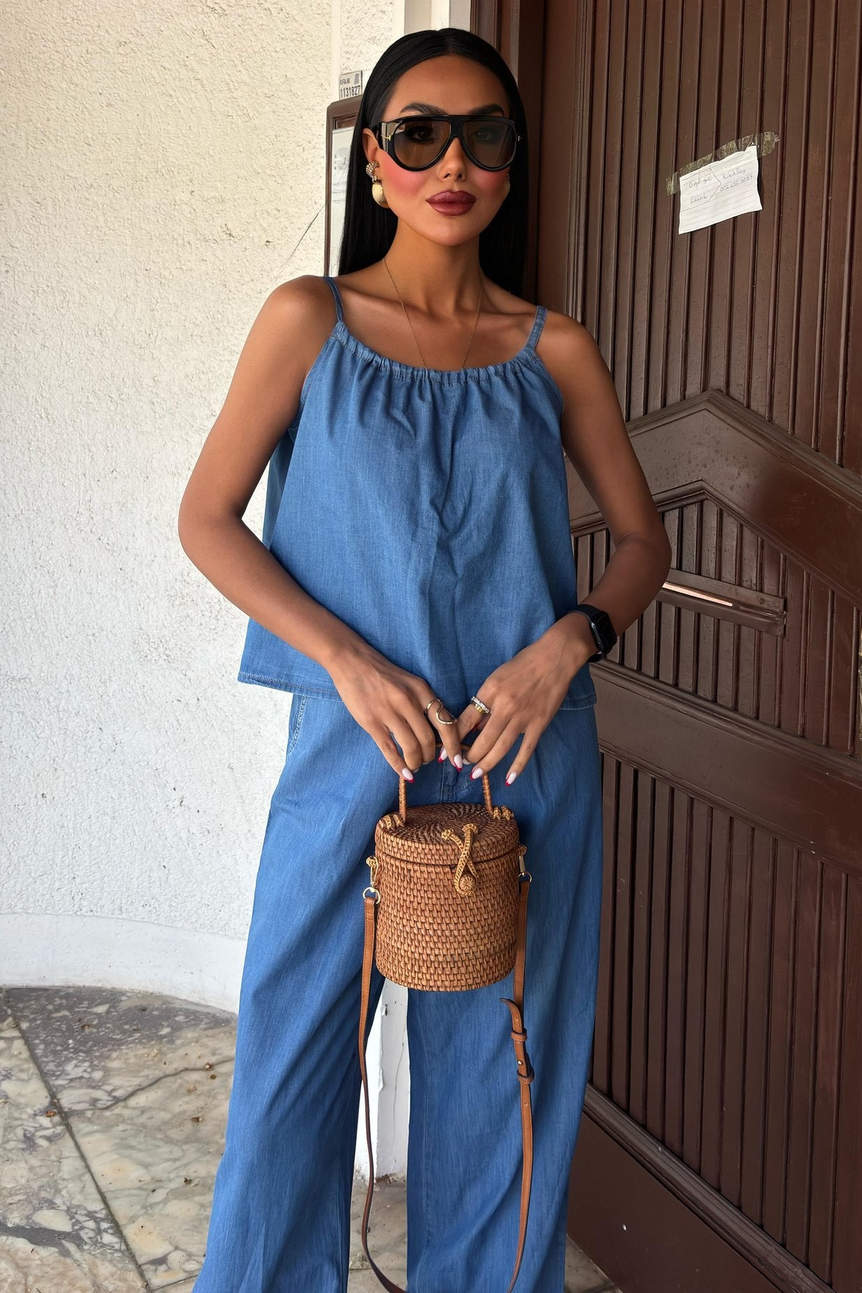 Pleated Front Suspender Tencel Suit Light Blue