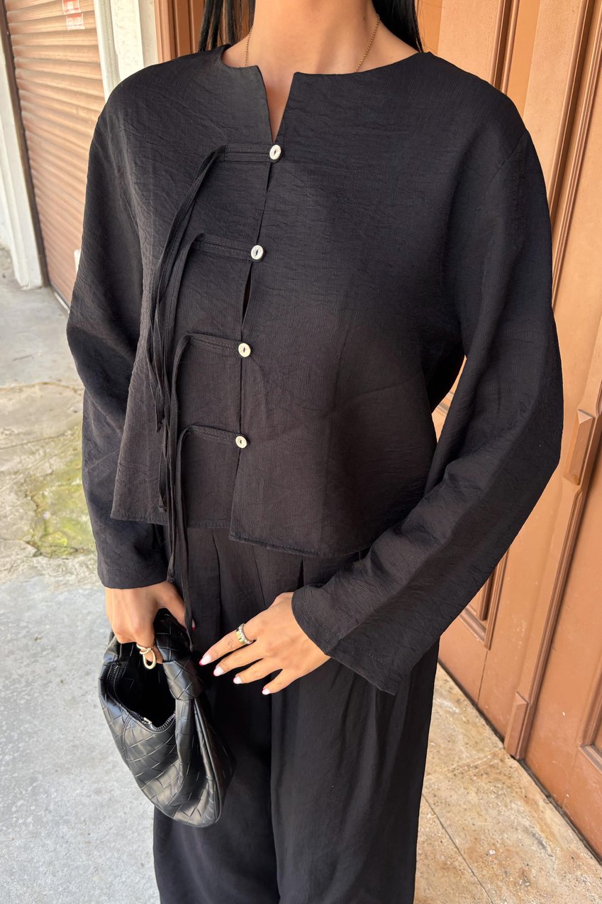 Thin Front Cord Detail and Double Leg Trouser Suit Black