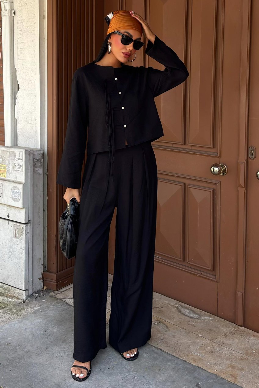 Thin Front Cord Detail and Double Leg Trouser Suit Black