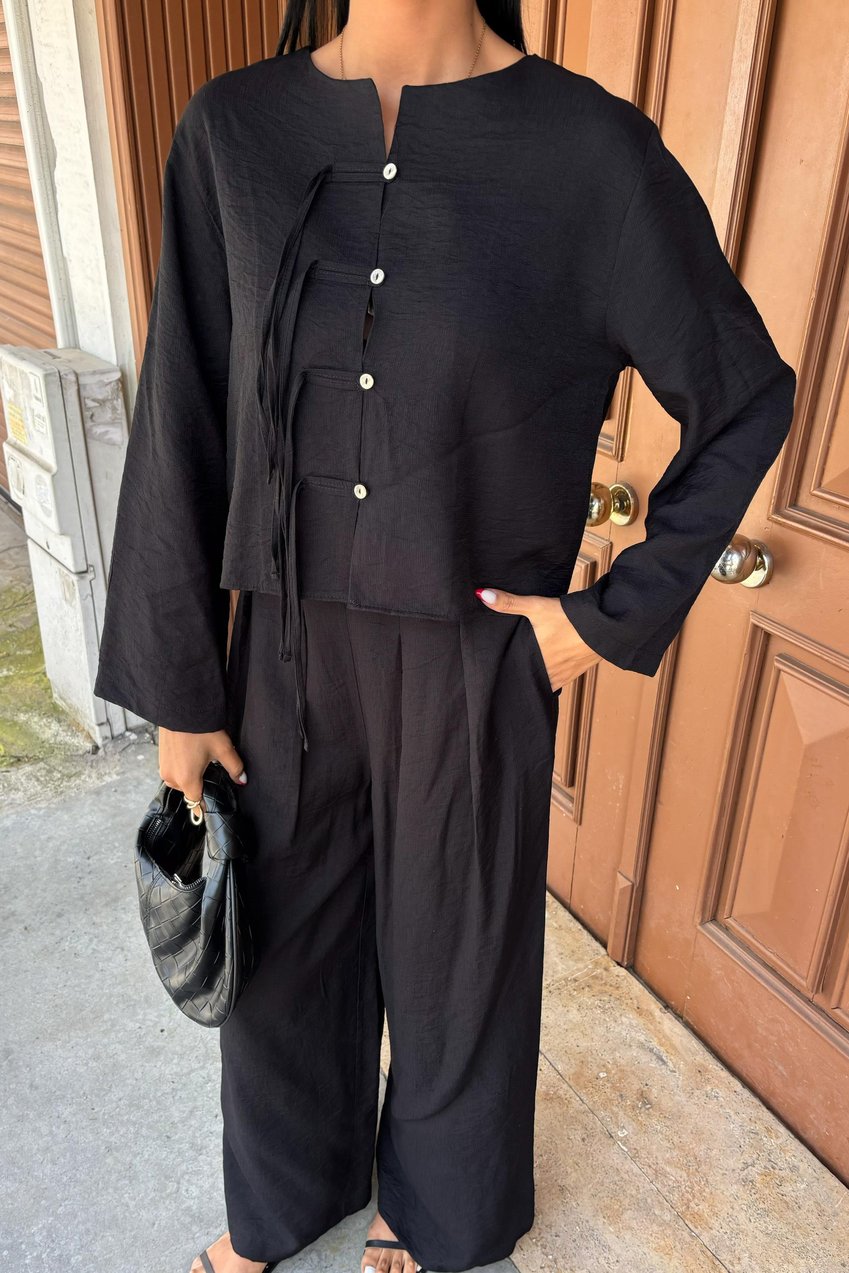 Thin Front Cord Detail and Double Leg Trouser Suit Black
