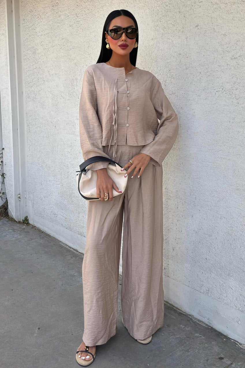 Thin Front Cord Detail and Double Leg Trouser Suit Beige