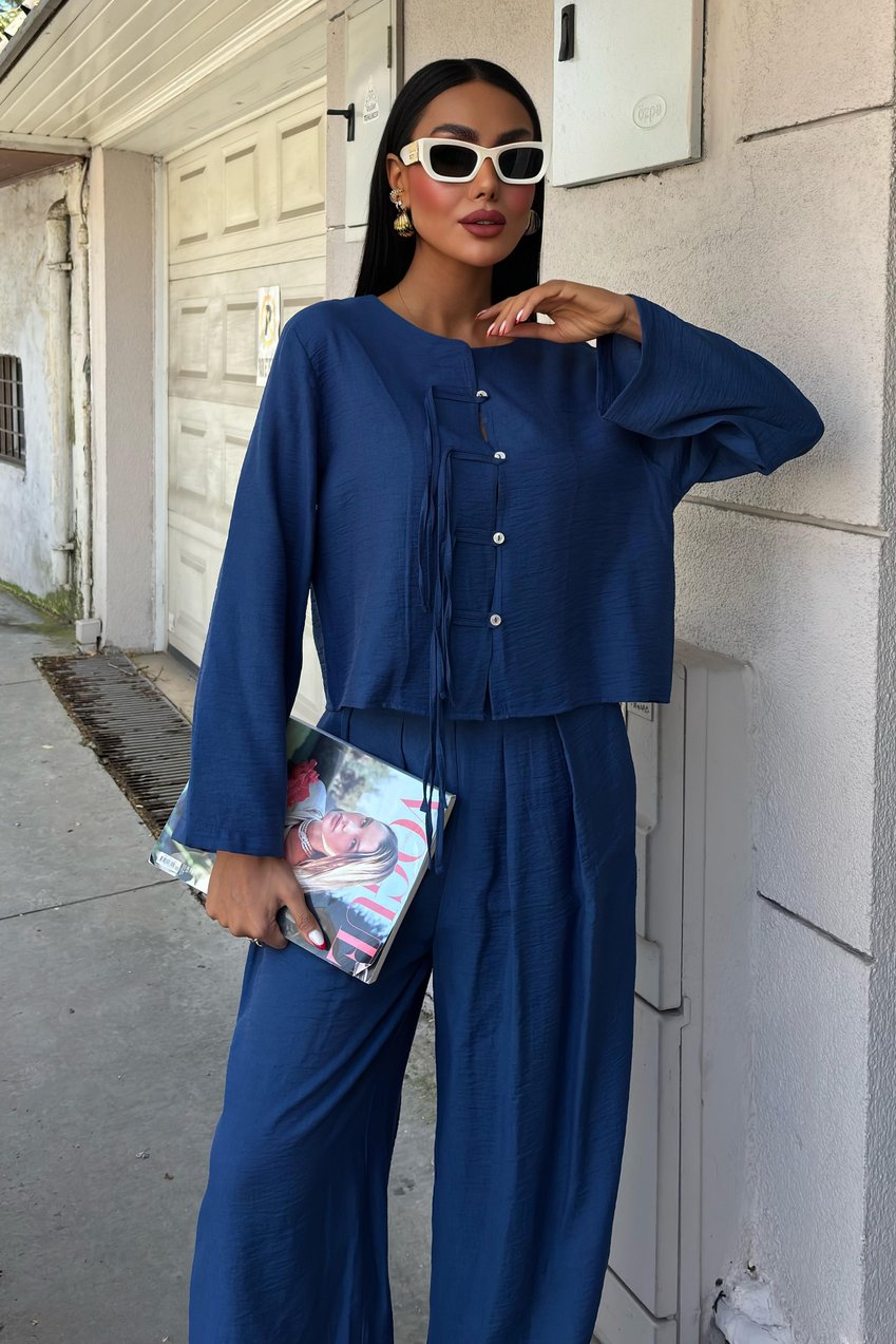 Thin Front Cord Detail and Double Leg Trouser Suit Blue