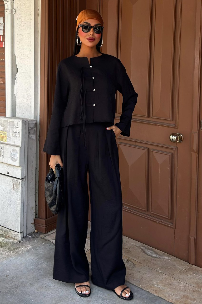 Thin Front Cord Detail and Double Leg Trouser Suit Black