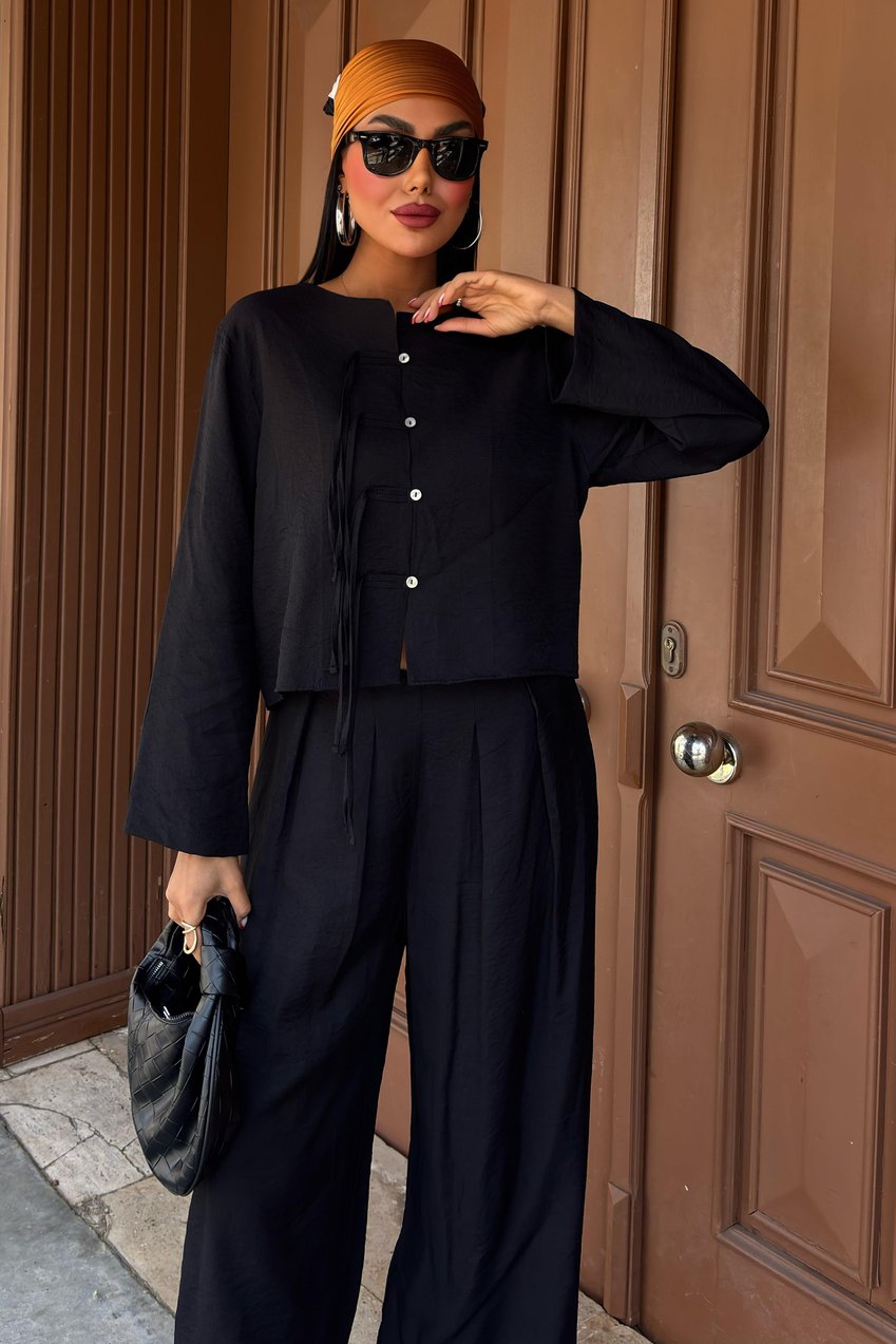 Thin Front Cord Detail and Double Leg Trouser Suit Black