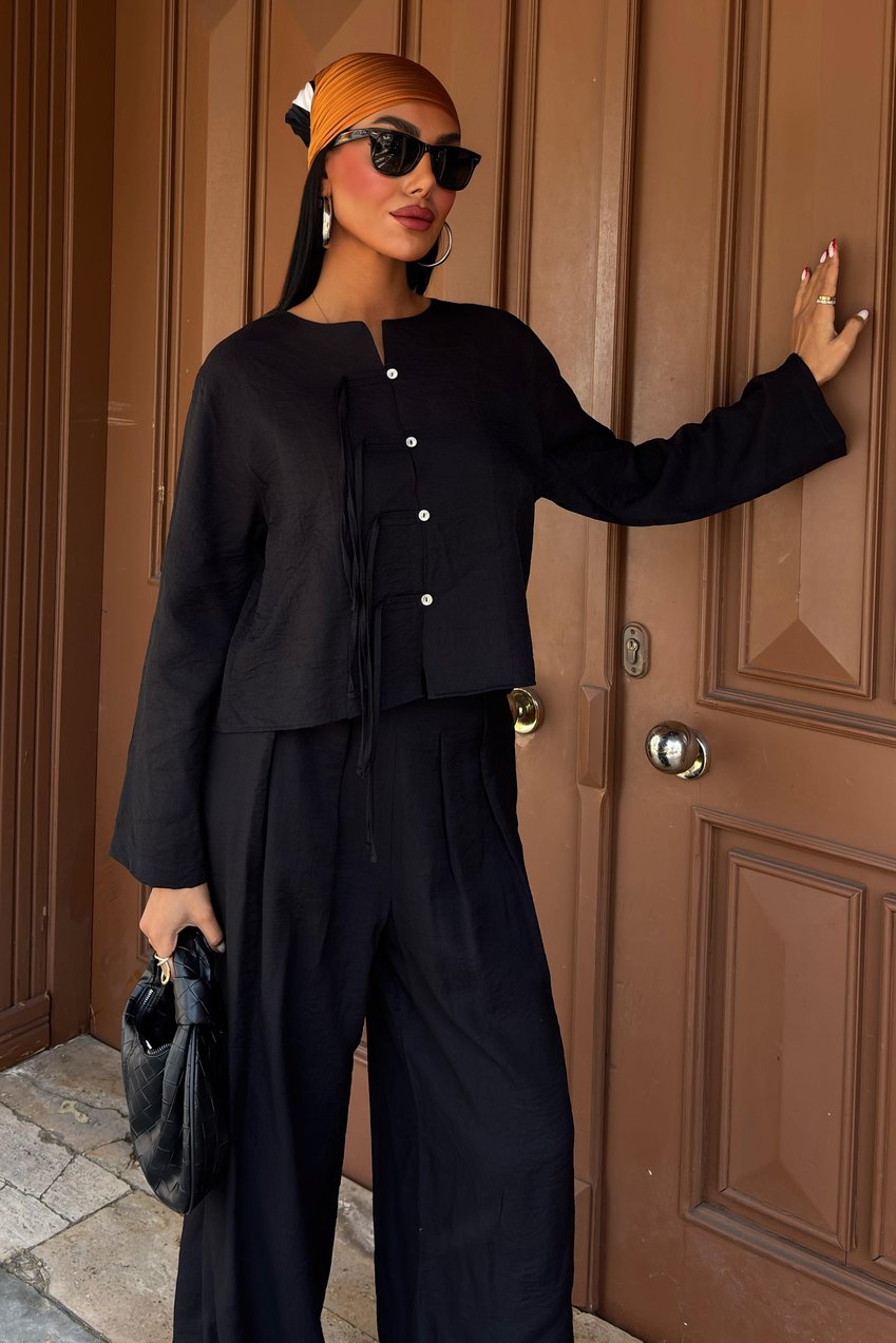 Thin Front Cord Detail and Double Leg Trouser Suit Black