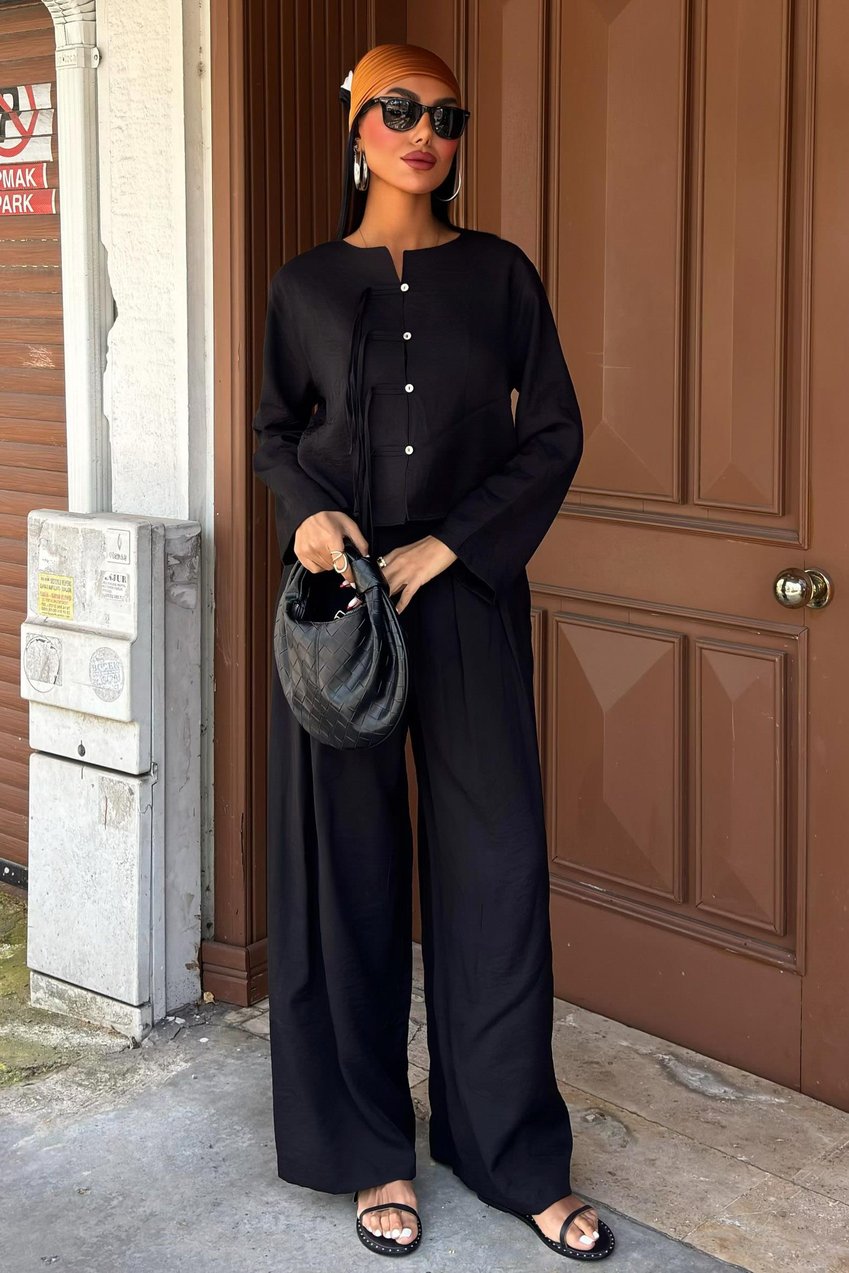 Thin Front Cord Detail and Double Leg Trouser Suit Black