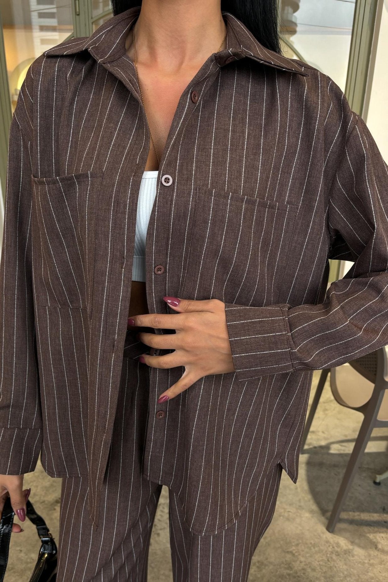 Striped Suit with Palazzo Pants Brown