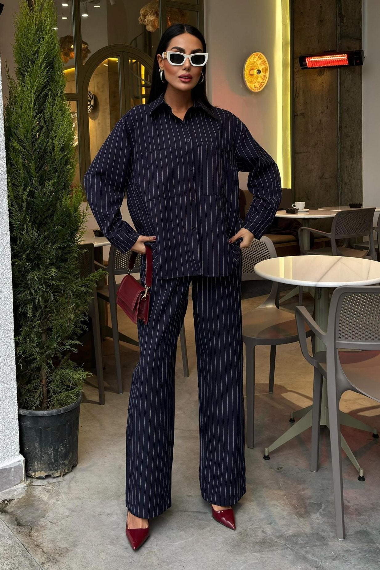 Striped Suit with Palazzo Pants Blue