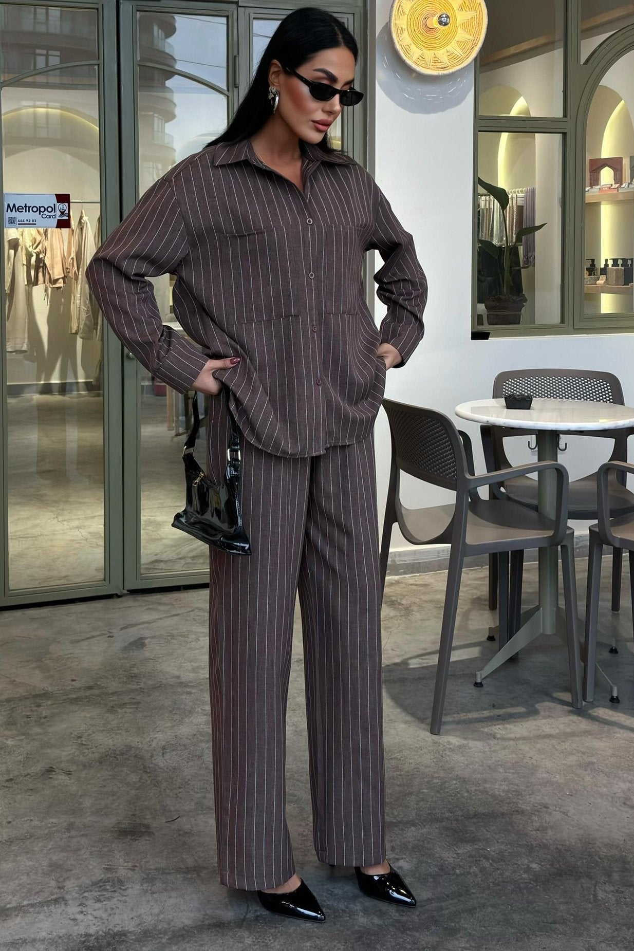 Striped Suit with Palazzo Pants Brown